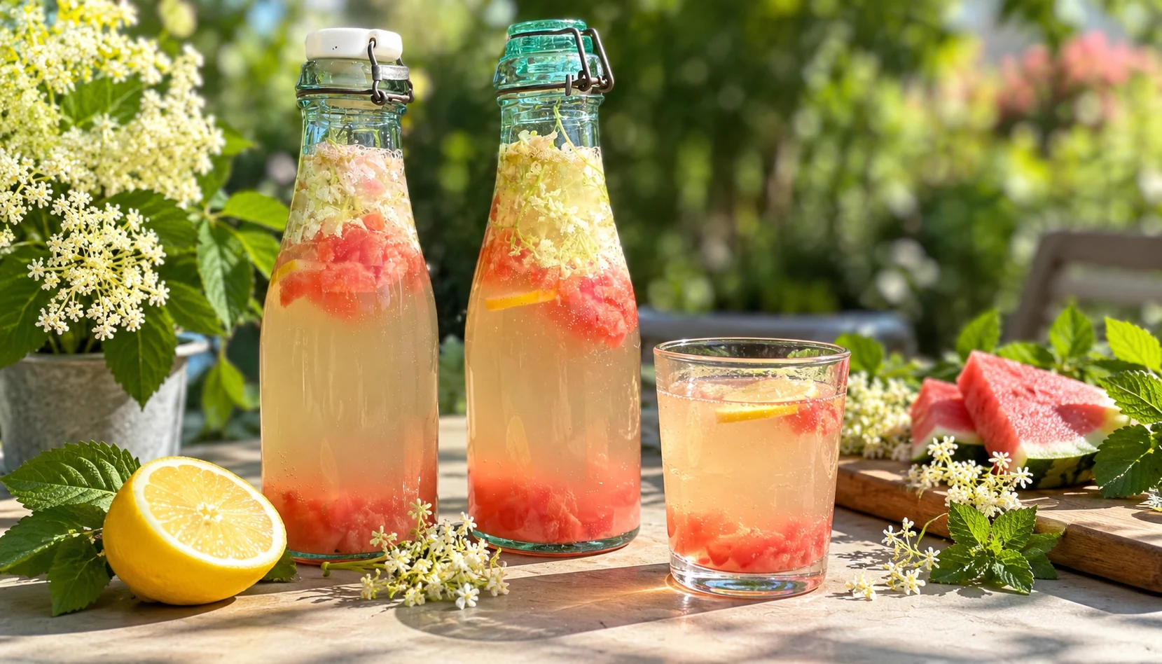 Deux bouteilles et un verre de kéfir de fruits au jardin, entourés de citron, de pastèque et de fleurs.